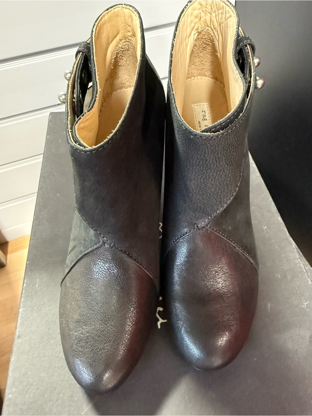rag & bone Black Leather Ankle Booties with Silver Stud Accents